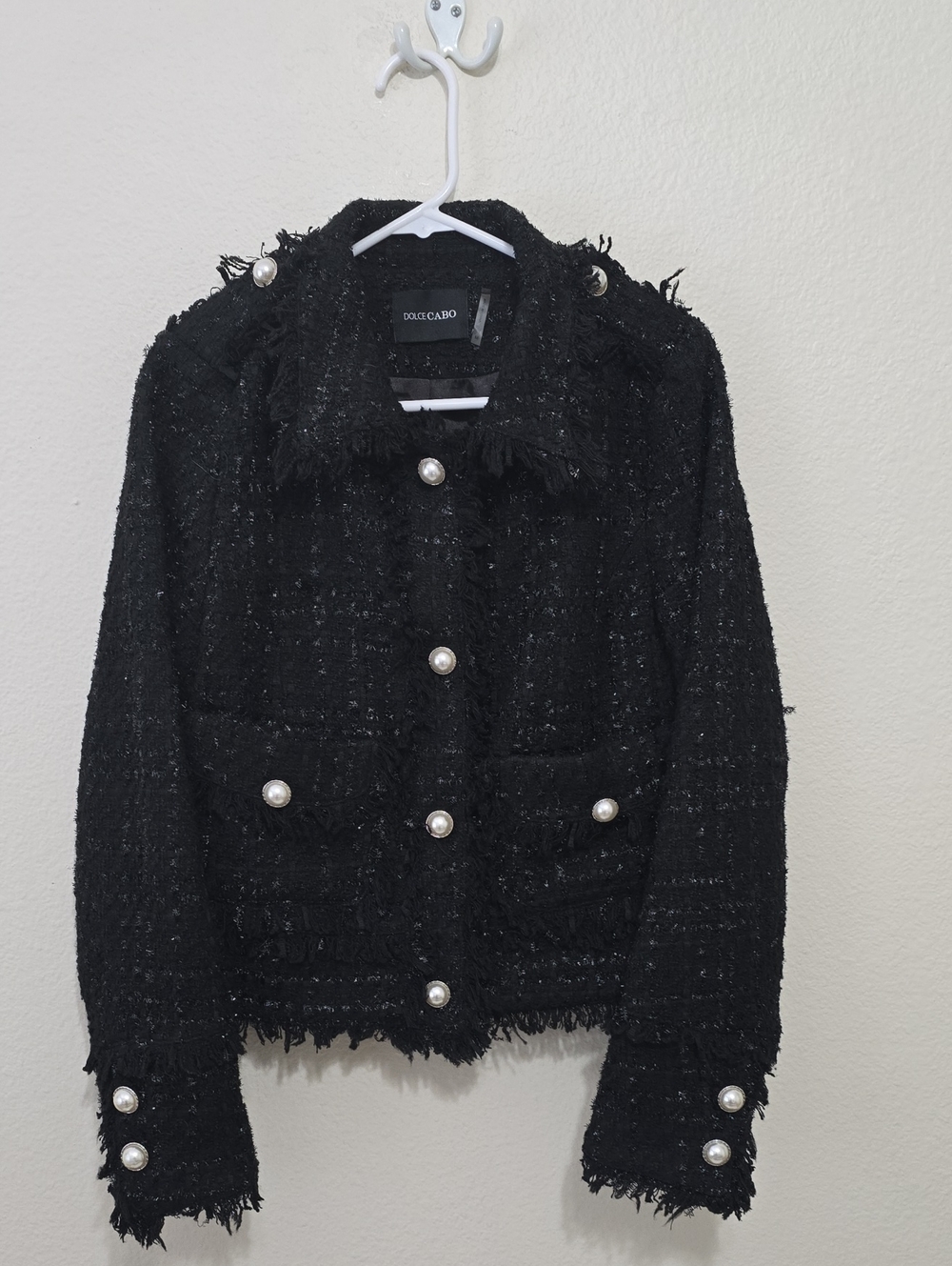 Dolce Cabo Black Tweed Pearl-Button Blazer M